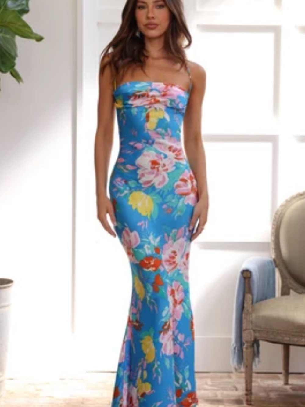 Hello Molly Strapless Floral Blue Maxi Dress
